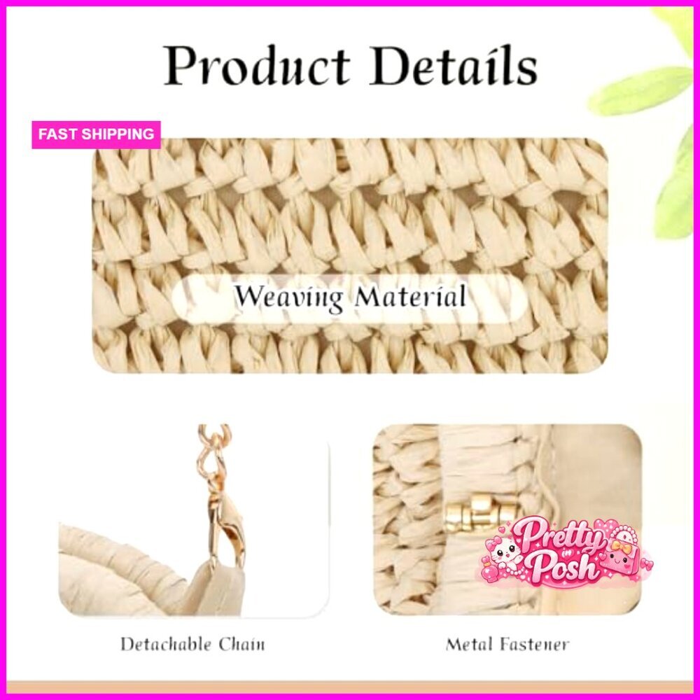 Paper Rope Straw Dumpling Clutch Purse with Detachable Crossbody Chain Strap - Picture 6 of 7